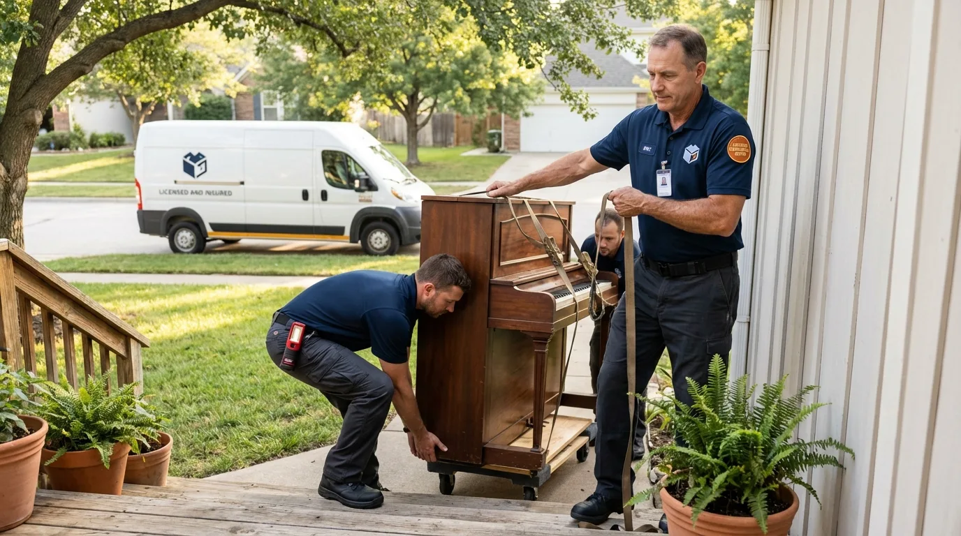Licensed piano movers securing grand piano in West Point, VA