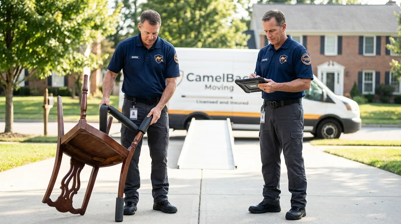 Movers inspecting furniture for damage prevention before loading in West Point, VA
